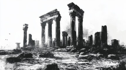 Ancient columns with ruins stand against a white background in a drawing style.
