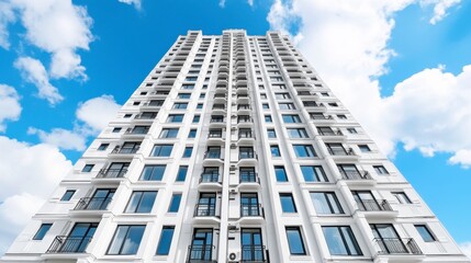 Fototapeta premium Low angle view of a tall white building against a blue sky with clouds. The building has many windows and balconies.