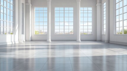 Obraz premium A white, minimalist interior space with a window and a light blue sky in the background, modern architecture, 