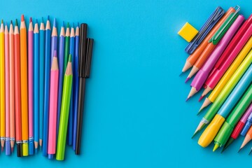 A vibrant workspace with an array of bold-colored stationery items arranged aesthetically