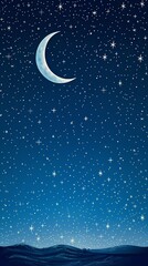 Fototapeta premium Dreamy Crescent Moon with Bright Stars on Gradient Deep Blue Night Sky over Mountain Silhouette Illustration Wallpaper