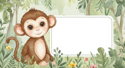 Adorable Watercolor Monkey with Blank Jungle Frame for Baby Announcement