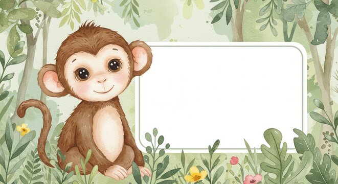 Adorable Watercolor Monkey with Blank Jungle Frame for Baby Announcement