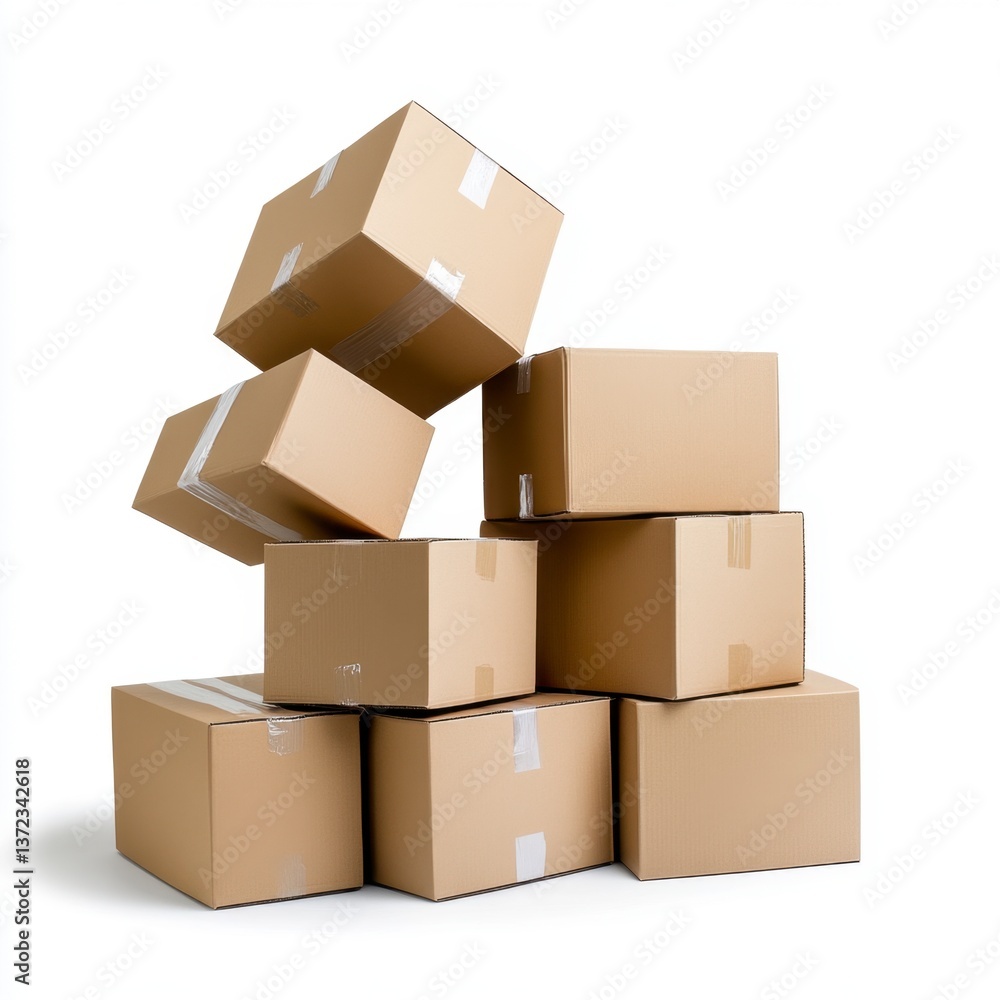 Poster stack of brown cardboard boxes on white background. some boxes are tilted, creating a dynamic compos