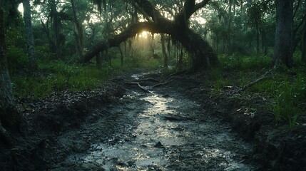 Obraz premium A Muddy Path Leading Through a Dense Forest With Bright Sunlight