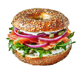 Smoked Salmon Bagel. Everything bagel sandwich with smoked salmon and cream cheese isolated on transparent background.