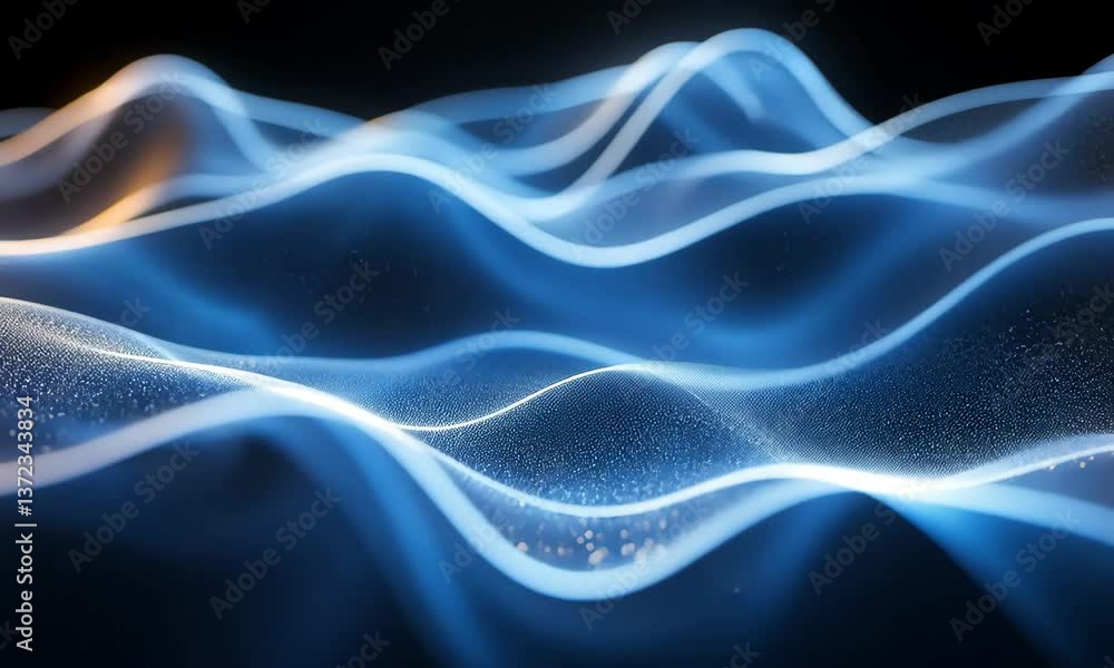 Poster abstract glowing waves with blue particle flow, dynamic digital landscape background