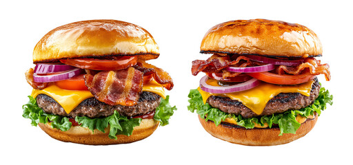 Set of Classic Cheeseburger with Beef, Bacon, Tomato Onion And Lettuce isolated on transparent background