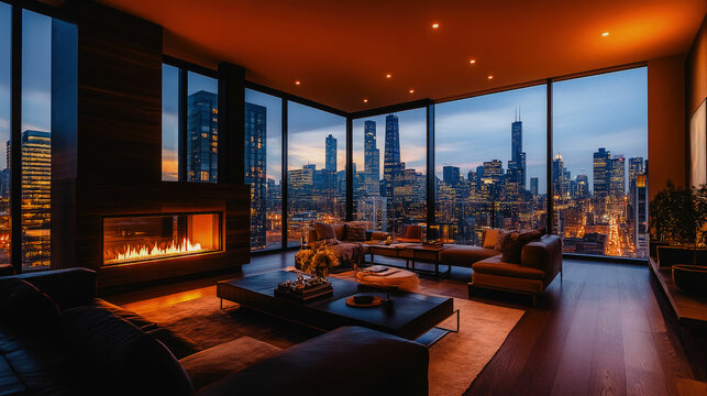 Luxury penthouse apartment with city view and fireplace at night time