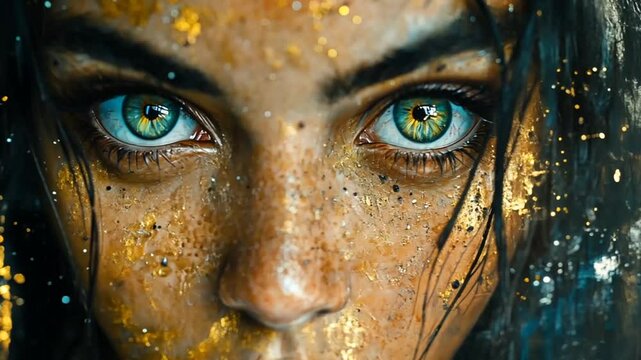 Close-up woman, expressive eyes, gold face paint, dramatic look.  Possible use digital art, fashion, beauty