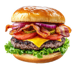 Classic Cheeseburger with Beef, Bacon, Tomato Onion And Lettuce isolated on transparent background