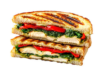 Pesto chicken panini with spinach and roasted red peppers isolated on transparent background