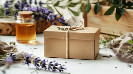 Beautifully wrapped gift box with lavender and natural decor on a wooden table in a tranquil setting.