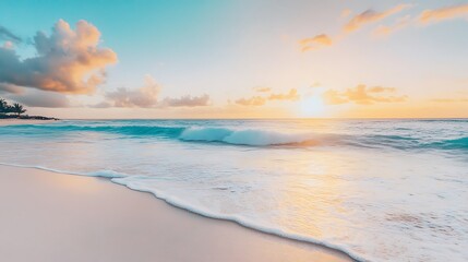A serene beach at sunrise with gentle waves lapping against the shore 