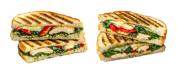 Set of Pesto chicken panini with spinach and roasted red peppers isolated on transparent background