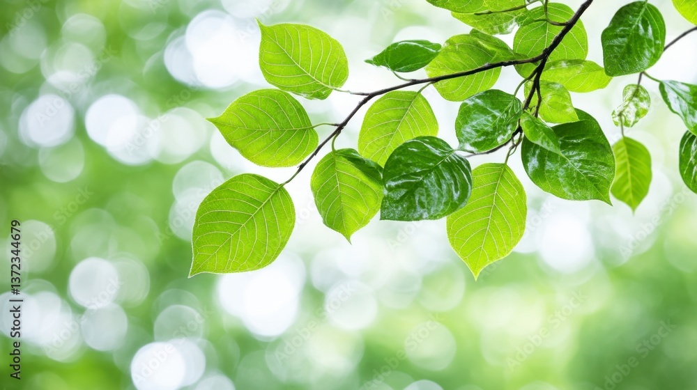 Poster vibrant green leaves on a branch, illuminated by soft sunlight, bokeh background. lush foliage and b