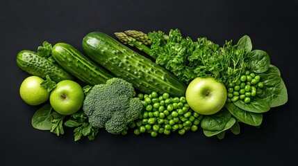 Vibrant green vegetables and fruits arranged on a dark background. Cucumbers, asparagus, broccoli, apples, peas, and leafy greens are featured.  The image evokes a feeling of freshness and health.
