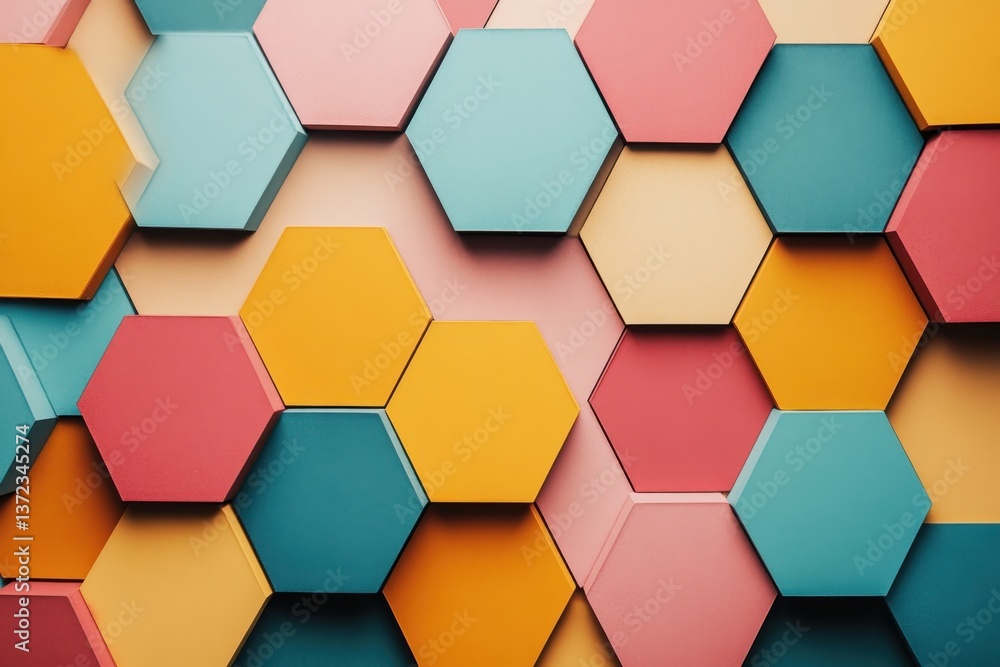 Poster colorful hexagonal patterns creating an abstract wall design in a vibrant indoor space