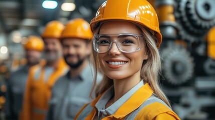 group of construction workers collaborate in a workshop, showcasing teamwork and safety. One woman stands confidently at the forefront, wearing a hard hat and safety glasses, smiling brightly