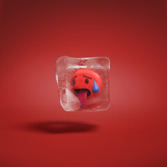 Hot face emoji with furrowed eyebrows tongue stuck out, and beads of sweat inside ice cube. Overheated from high temperatures emoticon frozen in ice lump. Heated emoticon 3d illustration.