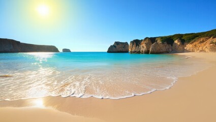 Obraz premium Waves gently lap against the shore of a tranquil beach, featuring soft golden sand and clear turquoise waters. Cliffs surround the area, creating a peaceful atmosphere
