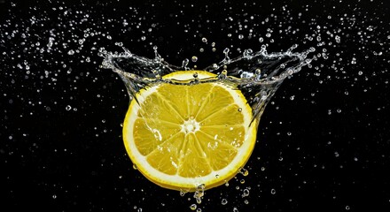 A water splash effect on a floating lemon slice
