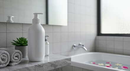 Fototapeta premium Relaxing bathroom setting with soft towels and decorative elements for a calming atmosphere