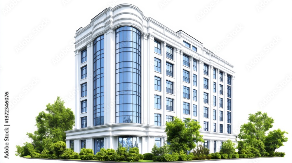 Poster white building with classical architecture, surrounded by green trees. daytime scene, clear sky. the