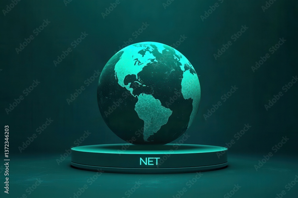 Aufkleber global network technology digital earth globe on platform illuminated in teal