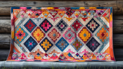 Colorful quilt displayed against a rustic wooden background  