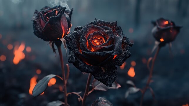 Dramatic black roses glow with fire in the petals, standing in darkness. Use this powerful image for concepts of burning love, or dark fantasy.
