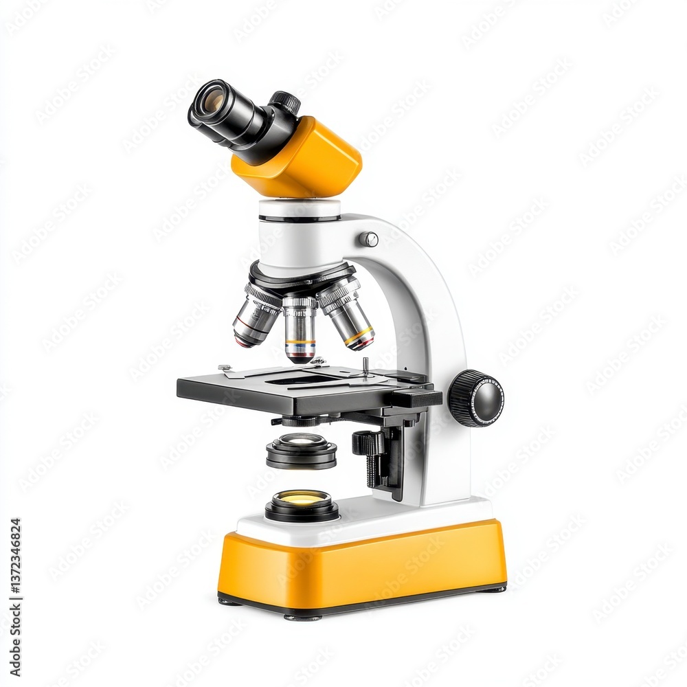 Poster a yellow and white compound microscope is shown on a white background. the microscope is angled slig