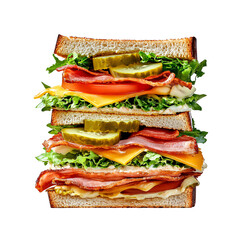 Tall sandwich with bacon, cheddar cheese, lettuce and pickles isolated on transparent background