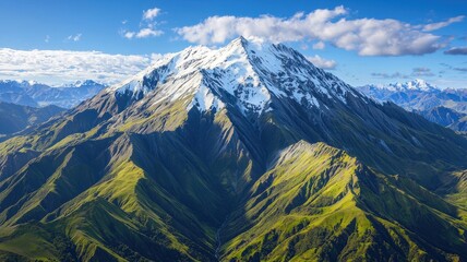 Fototapeta premium Majestic Snow Capped Mountain Peak Soaring Above Lush Green Valley Breathtaking Landscape