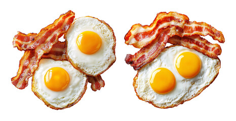 Crispy bacon and sunny side up eggs isolated on transparent background