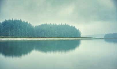 Serene foggy landscape with river and trees. Landscape with morning fog