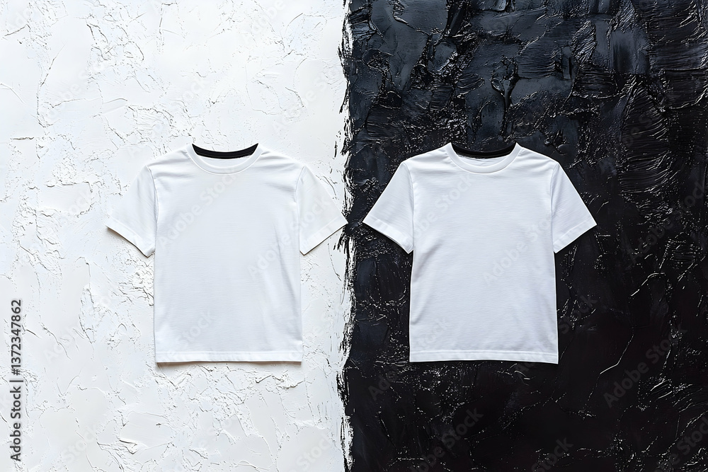 Poster two plain t-shirts displayed on contrasting textured backgrounds, showcasing simplicity and versatil