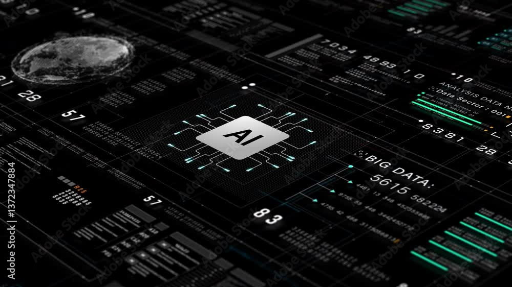 Aufkleber High-tech AI interface with digital circuit, data streams, and analytics visuals representing artificial intelligence and big data technology concepts. Motion abstract background 4k