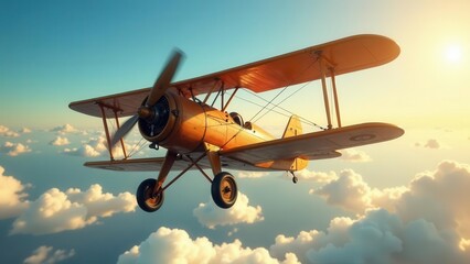 Golden Biplane Soaring Through a Sunset Sky Above Fluffy Clouds, a Vintage Aircraft in Flight