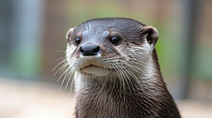 Close up portrait of a smooth coated otter, its dark fur wet, showing inquisitive dark eyes and prominent whiskers against a blurred background.