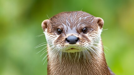 Close up portrait of a wet otter with a serious expression, against a blurred green background. The otter's fur is dark brown, and its whiskers are prominent.