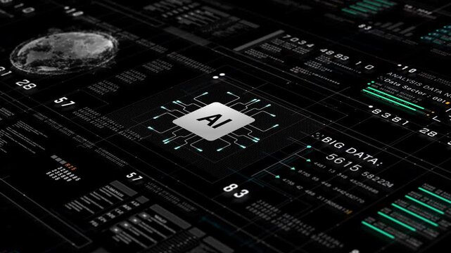 High-tech AI interface with digital circuit, data streams, and analytics visuals representing artificial intelligence and big data technology concepts. Motion abstract background 4k