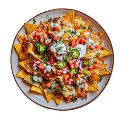 Loaded nachos with fresh salsa, jalape&ntilde;os and sour cream drizzle isolated on transparent background