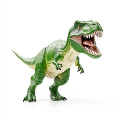Fototapeta premium Green Tyrannosaurus Rex toy dinosaur isolated on white background. The dinosaur is posed mid stride, mouth open, showcasing detailed texture and color.