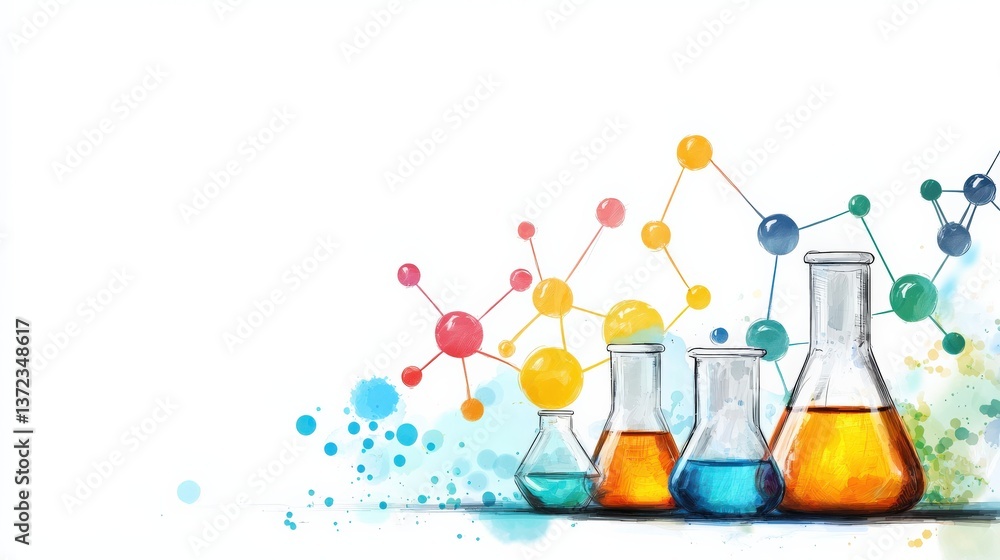 Poster a colorful array of glass beakers and test tubes on a white background