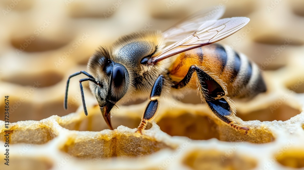 Poster close up of a honeybee on a honeycomb, showcasing intricate details of the bee and the honeycomb str