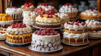 tempting selection of gourmet cakes is artistically displayed on a wooden table in a cozy pastry shop, ideal for dessert lovers craving sweet indulgence