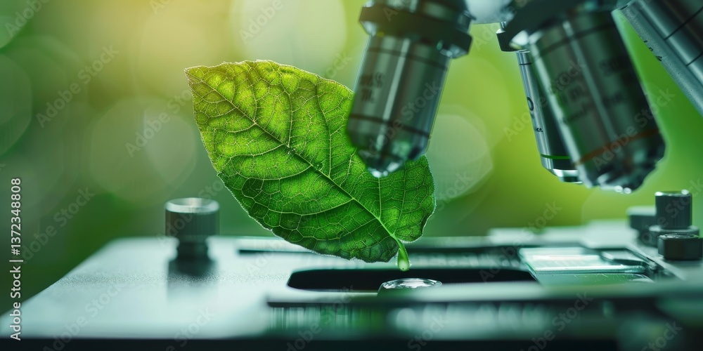 Poster green leaf under a microscope in a botanical laboratory