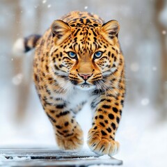 Obraz premium Majestic Amur leopard with striking blue eyes walking through a snowy winter landscape. The big cat's powerful presence is emphasized by the falling snow and blurred background.