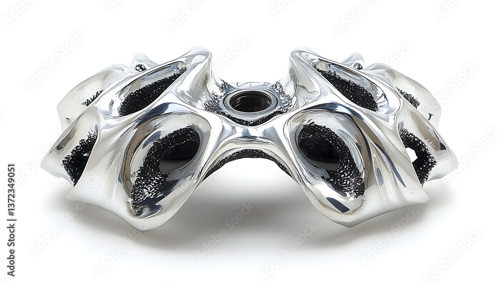 Poster an abstract metallic object exhibiting curvature and irregular openings